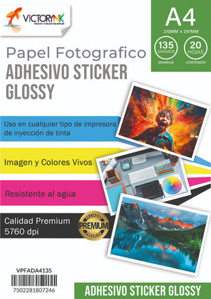 3 Papel Fotografico Adhesivo Glossy A4 20 Hojas 135 Gr Blanco