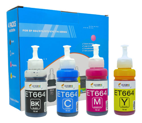 Pack 4 Tintas Para Epson 70ml T664 L405 L551 L1455 L375 Tinta Negro Cyan Magenta Yellow