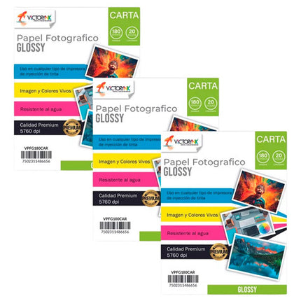 Pack 3 Papel Fotográfico Glossy 180gr Carta 60 Hojas Color Blanco