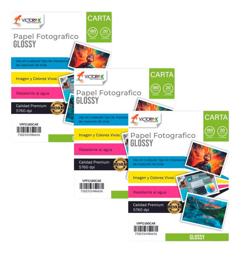 Pack 3 Papel Fotográfico Glossy 180gr Carta 60 Hojas Color Blanco
