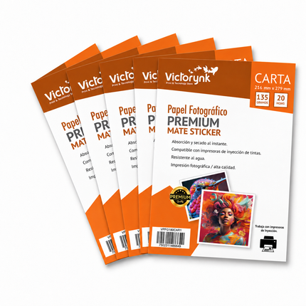 Pack 5 Papel Fotográfico Adhesivo Matte Carta 135gr 100 Hojas Blanco