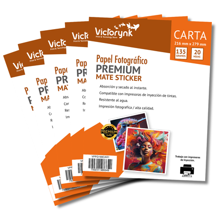 Pack 5 Papel Fotográfico Adhesivo Matte Carta 135gr 100 Hojas Blanco