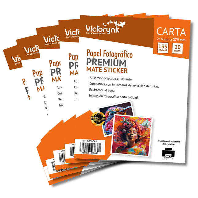 Pack 5 Papel Fotográfico Adhesivo Matte Carta 135gr 100 Hojas Blanco