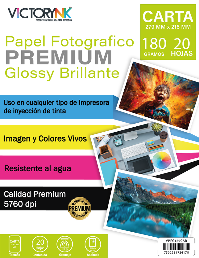 Papel Fotografico Glossy Carta ( 279x 216 mm)/ 20 Hojas 180gr