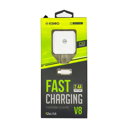 Cargador combo carga rápida USB a tipo V8, con 2 puertos USB, 2.4A, 1m Kbod G87V8